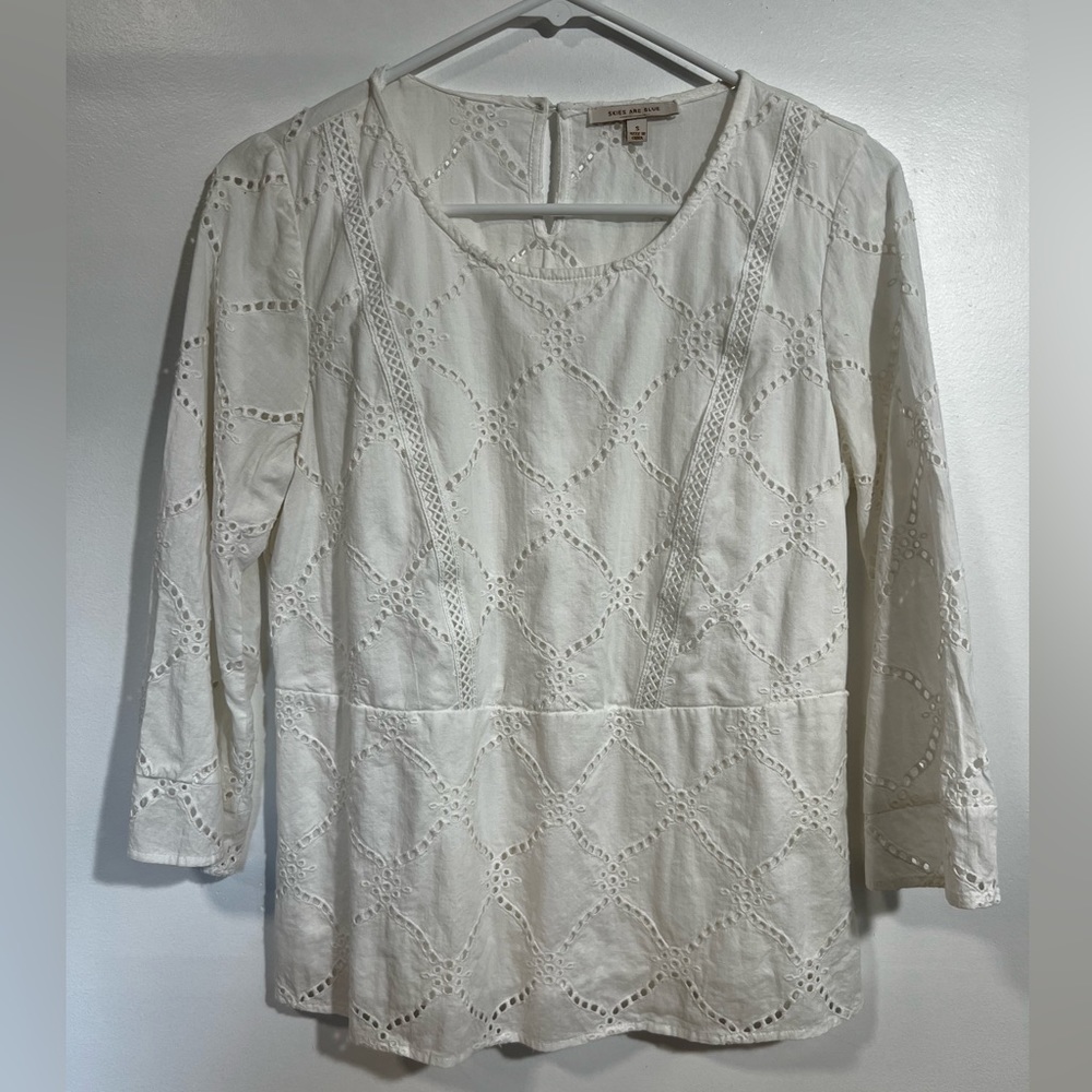 Skies Are Blue 100% Cotton Eyelet Crochet Blouse Small